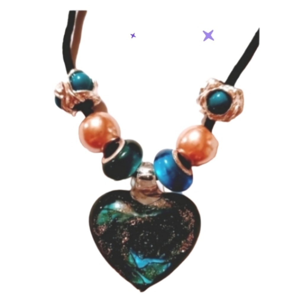Glass Heart on Shoelace Necklace New Handmade